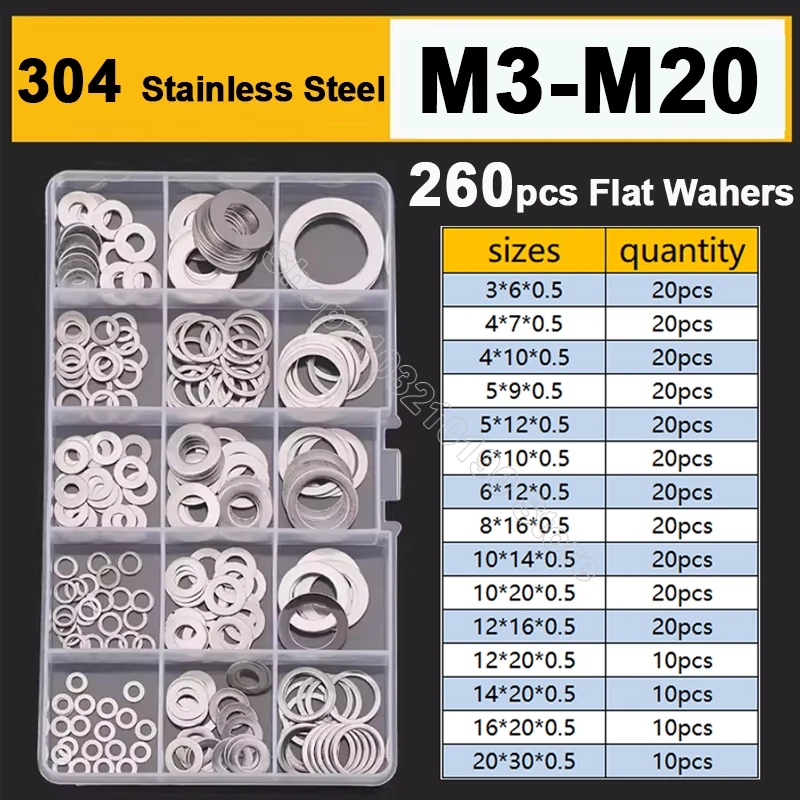 260pcs 304 Stainless Steel Flat Washers Set Box M3 M4 M5 M6 M8 M10 M12 M14 M16 M20 Metal Plain Washer Ring Gasket Assortment Kit