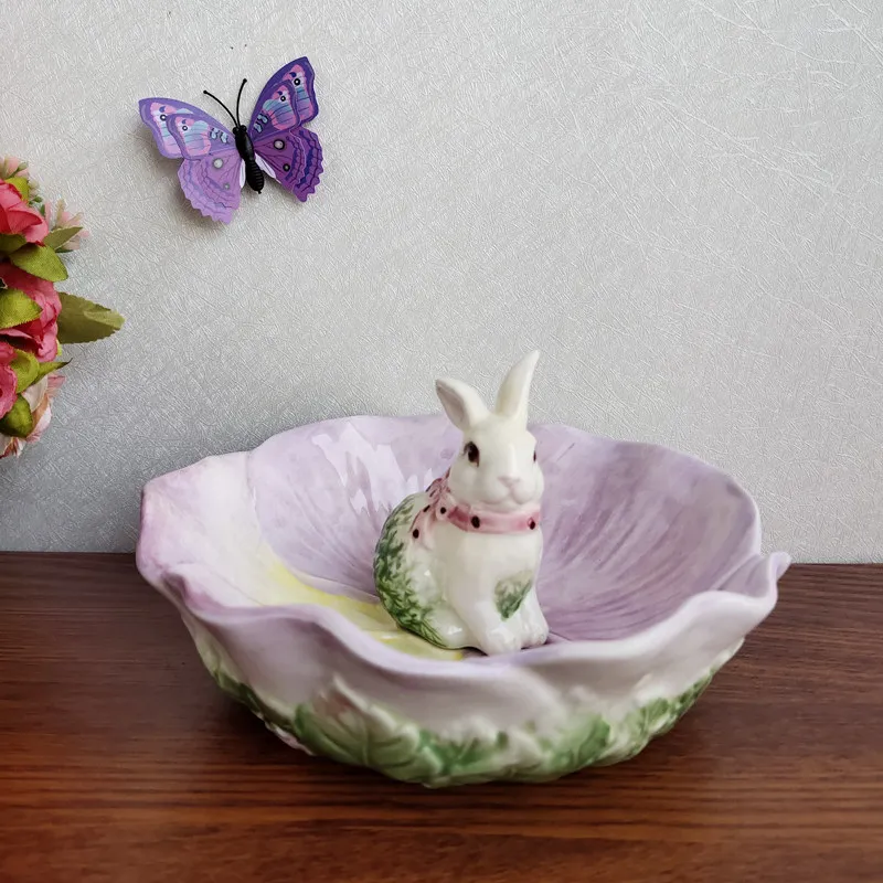 Ceramic Rabbit Candy Bowl for Table Decorative Snack Storage Dish Floral Serving Bowl for Nuts Candies Rustic Kitchen Home Decor