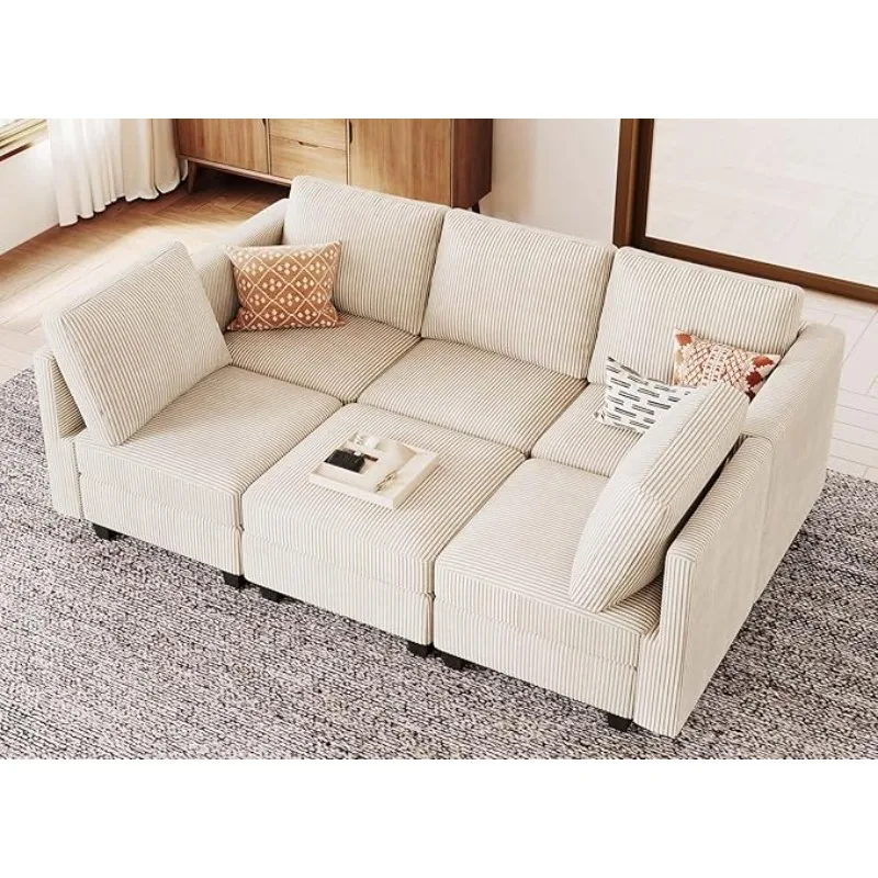 Modular Sectional Sleeper with Storage  Corduroy Couch Chaise Convertible Modern Sofa Beige