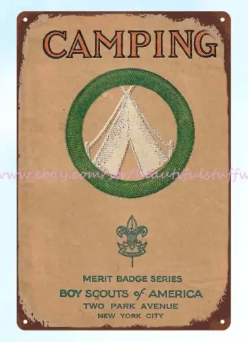 1932 Camping Merit Badge Pamphlet Cover Boy Scouts of America metal tin sign