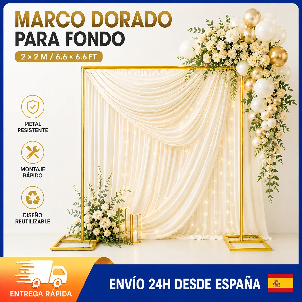 Arche de mariage dorée de 2 m (6,6 pi) avec support carré et base, cadre métallique pour ballons et support à fleurs pour cérémonie, décoration de jardin et de fête