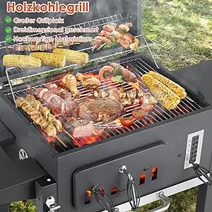 Holzkohlegrill mit Deckelabdeckung Holzkohlegrill | Barbecue Smoker Grill Combo für Outdoor-Hinterhof, Terrasse, Camping, Picknick und Party – Detail 3