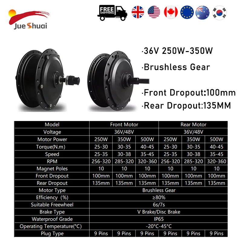 

Front Rear Brushless Gear Hub Motor 36V 48V 250W 350W 500W E-bike Motor electric bike kit