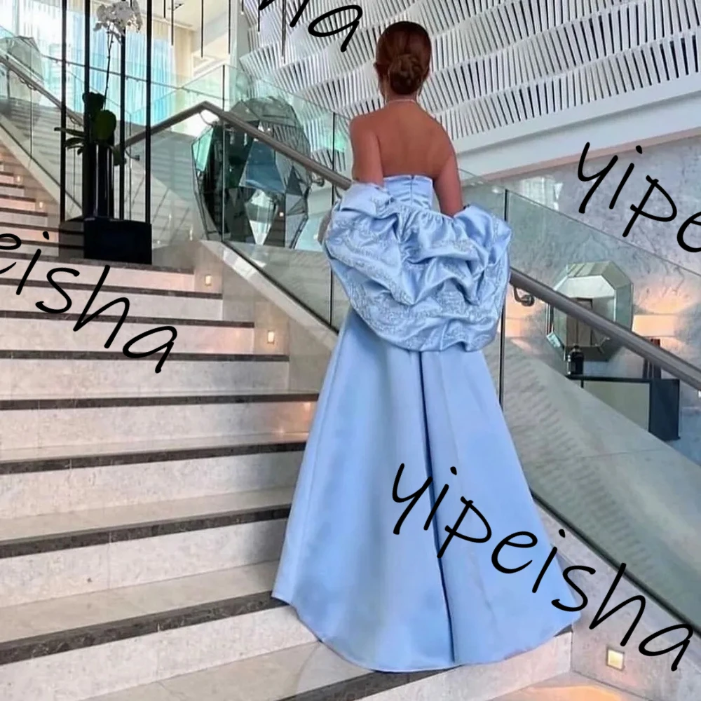 Personalizado sexy zíper voltar vestidos de baile céu azul cetim uma linha longo elegante vestidos de noite sem alças sem costas varredura trem formal