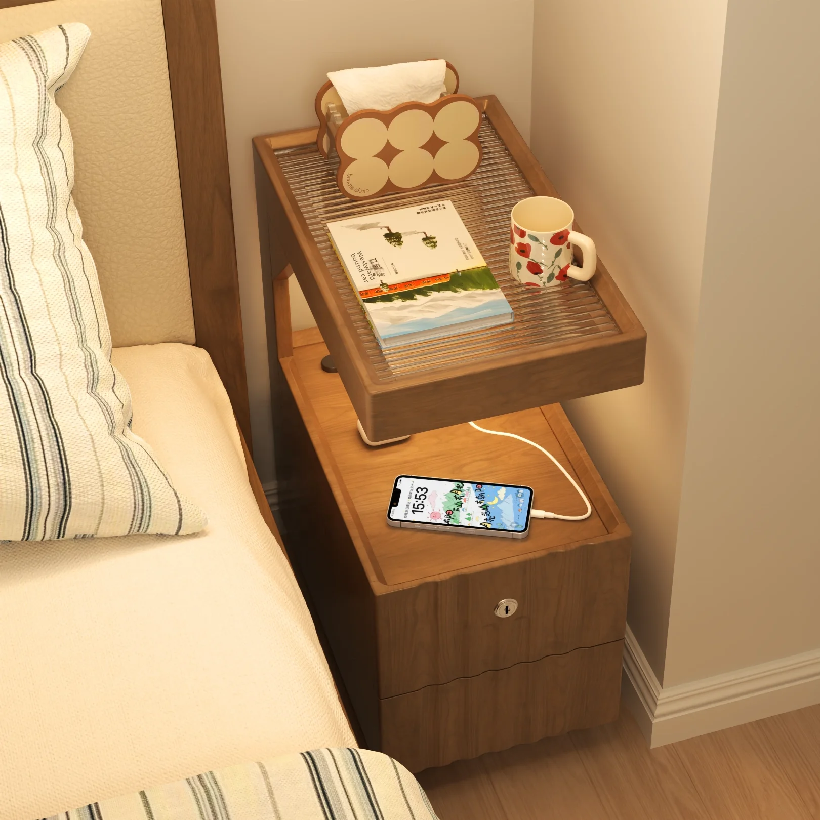 #10 Inch Wide Slim Solid Wood Nightstand With Lock Ultra Narrow Bedside Table For Small Spaces Corner Gap Storage Cabinet
