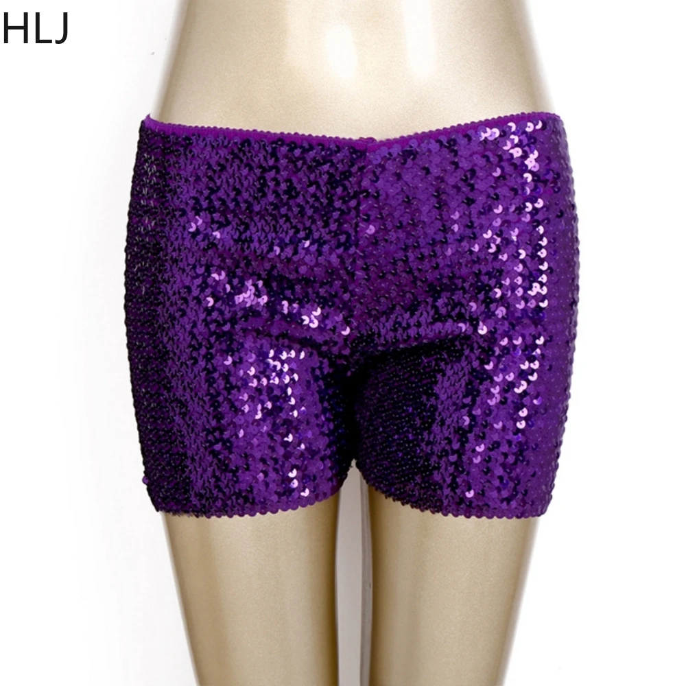 กางเกงขาสั้นลายทางปักเลื่อมเซ็กซี่ HLJ สีม่วงทองระยิบระยับ เอวต่ำ ทรงสกินนี่ แฟชั่นสาวฮอต สตรีทแวร์