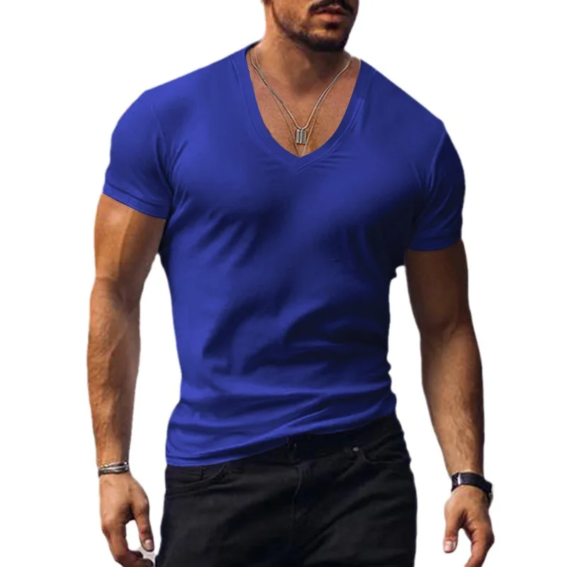 Men's T-Shirt European and American Summer Men's V-Neck Solid Color Slim Slim Casual T-Shirt Short-Sleeved Top