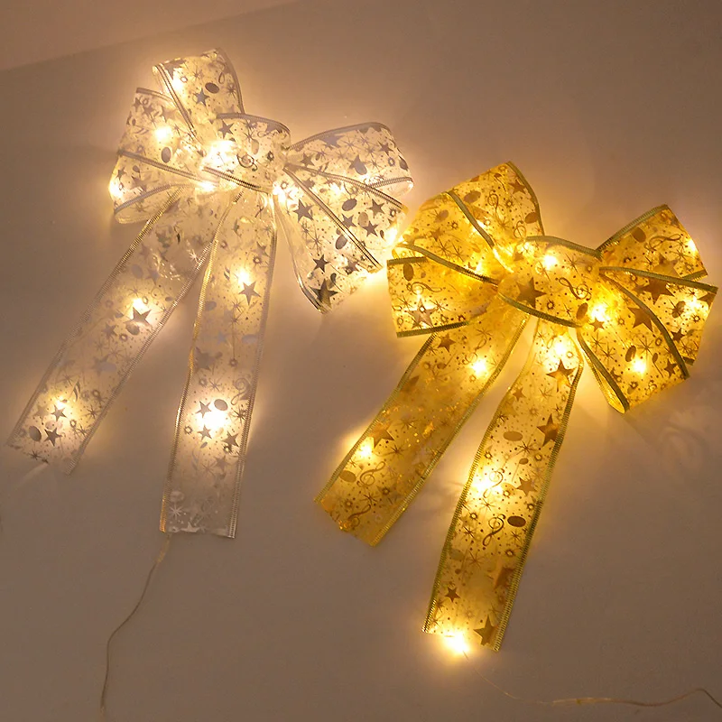 Christmas Luminous LED Bow Ribbon Xmas Tree Ornaments DIY Bows String Lights Christmas Home Decors Navidad Natal New Year Gifts