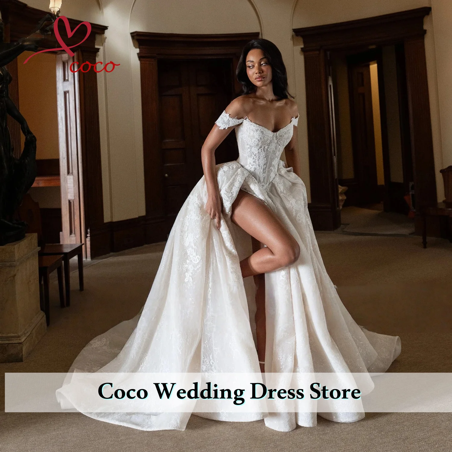 Personalizado elegante fora do ombro vestido de noiva fenda lateral vestido de casamento romântico a linha até o chão vestidos de novia