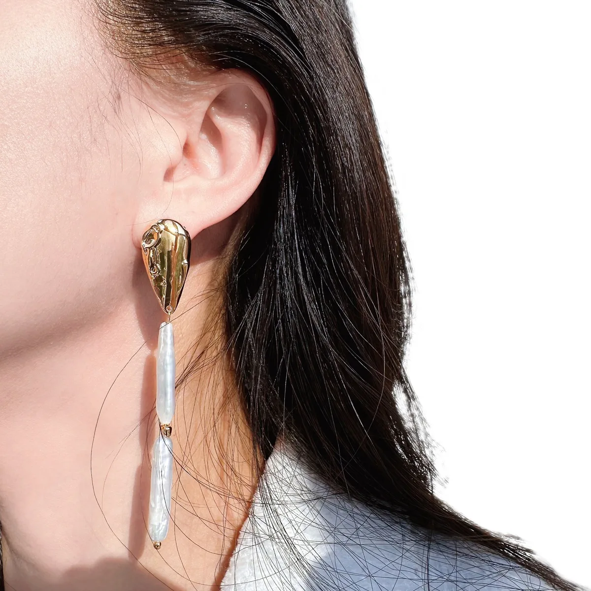 Long Natural Baroque Pearl Earrings Abstract Carved Teardrop Design Asymmetrical 925 Silver Post