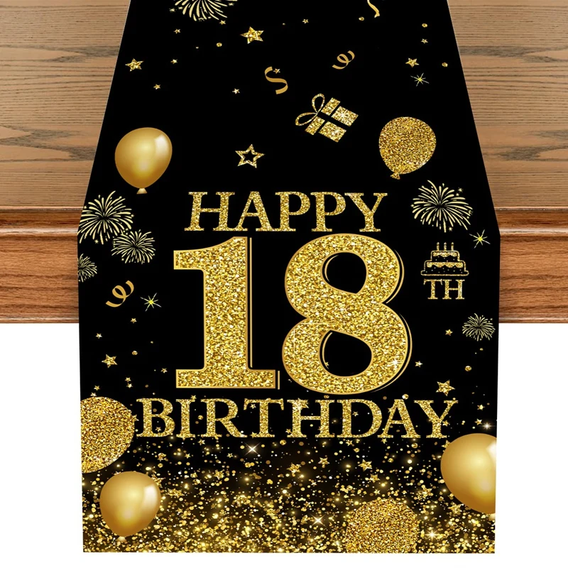 Black Gold Birthday Table Runner Cover 18/30/40/50/60/70th Party Decor for Adults Home Anniversary Supplies