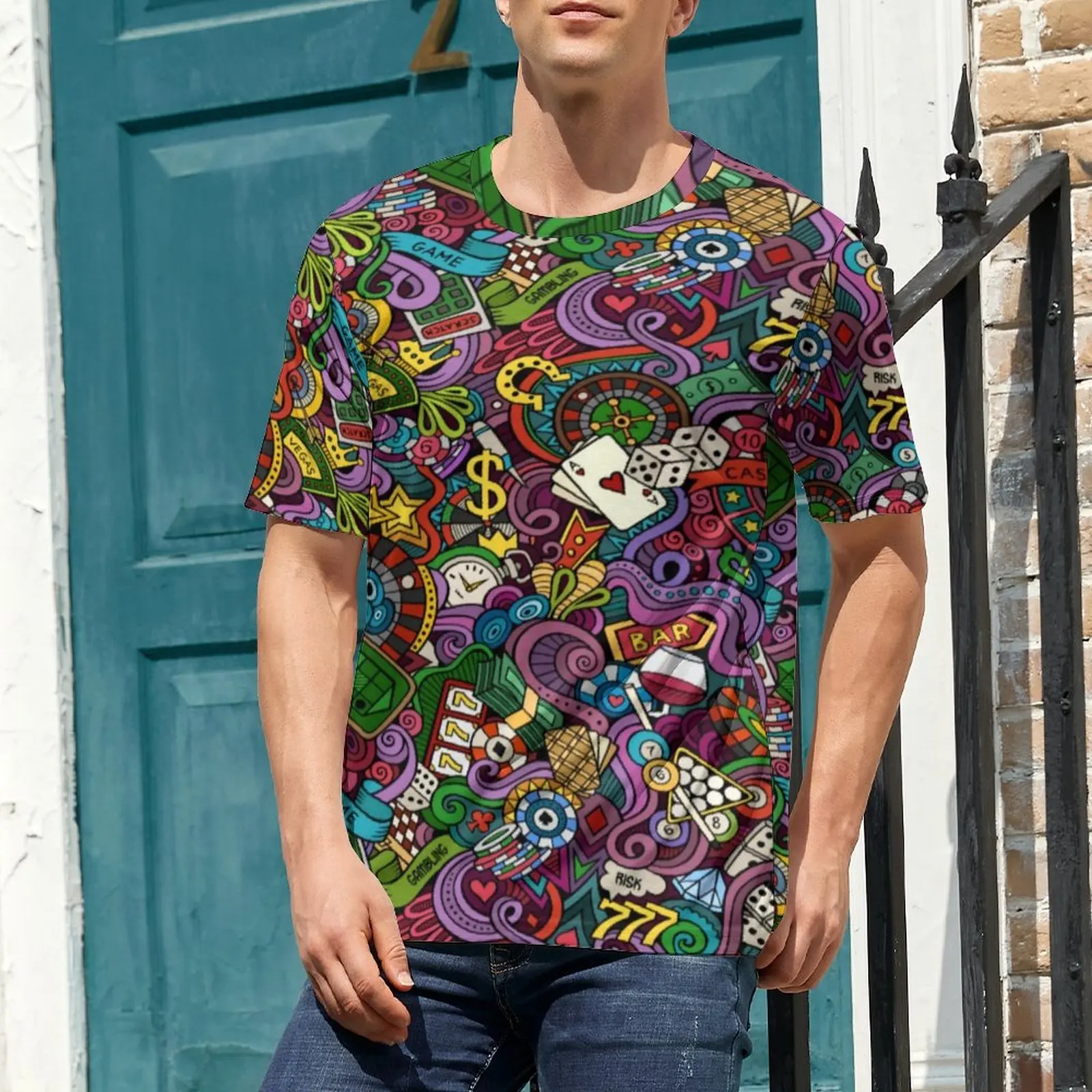 Casino Pop Art T-Shirt Playing Cards Print Novelty T Shirts Funny Tee Shirt Original Short Sleeves Graphic Top Tees Plus Size