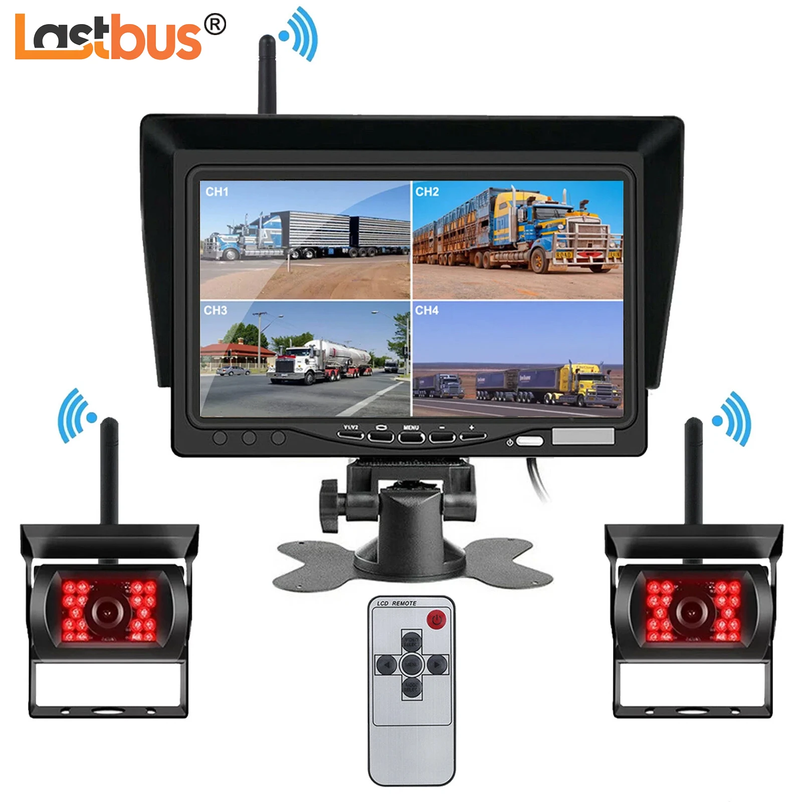

Lastbus Wireless Reversing Camera 7" IPS Quad Screen Split Screen / Single Full Screen Monitor For Rvs Van Truck Trailer Carava