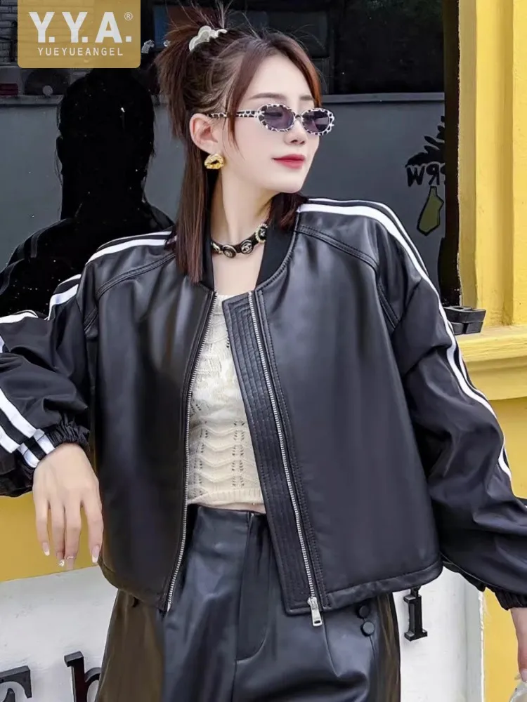 Hip Hop Women Genuine Leather Bomber Jacket Long Sleeve Casual Loose Fit Outewear Stand Collar Spring New Sheepskin Short Coat