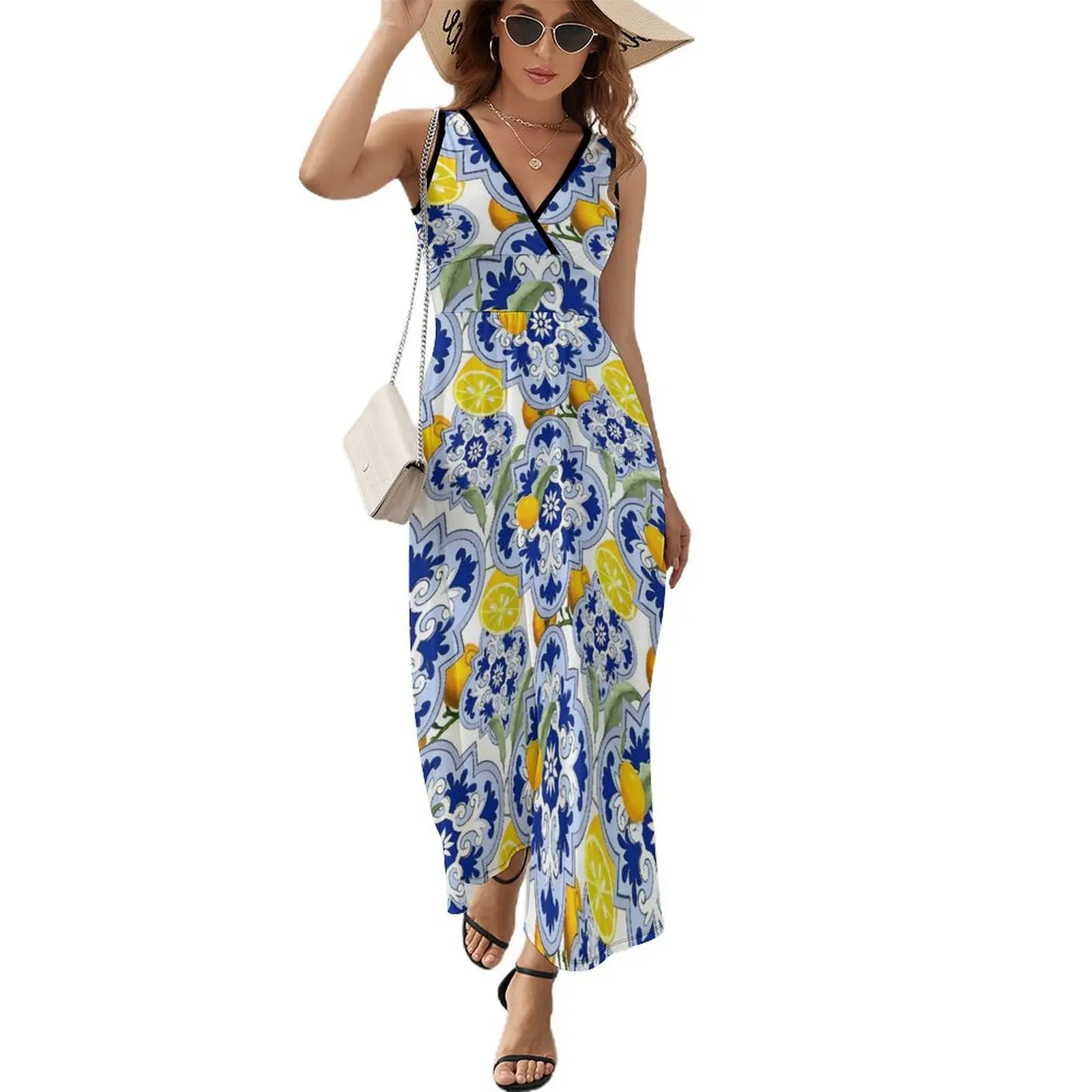 Vintage Blue Flower Dress Lemon Fruit Print Casual Bohemia Long Dresses Female Sexy Custom Maxi Dress Birthday Gift