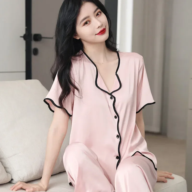 Pajamas Women's Suits Short-Sleeved Trousers Large Size Loose Ruffles Ice Silk Pajamas for Women Set Leisure Home Clothes