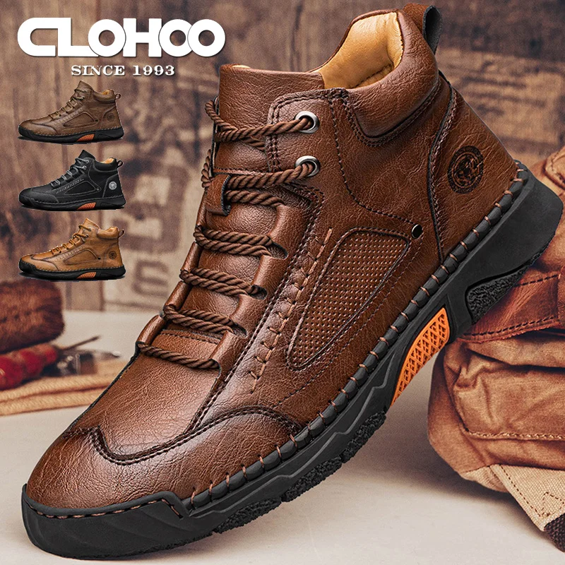 

CLOHOO Handmade Men's Soft Surface High-Top Boots Business Casual Outdoor Shoes with Hand Sewn Detailing