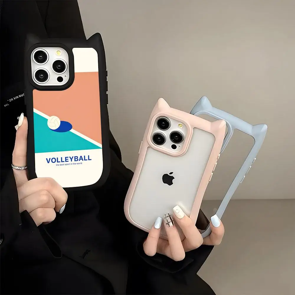 Play Volleyball Ball Phone Case Transparent Border Cute Three-dimensional Cat Ears For IPhone 16ProMax 14 13 15 12 11 Pro Max