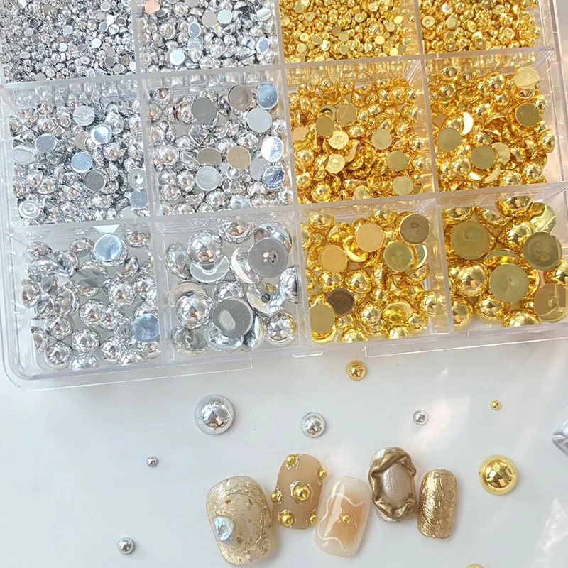 TSZS 12 Siatek/Pudełko Mieszanka Perłowa Rozmiar Żywica Ozdoby do Paznokci 3D Białe Srebrne Złote Koraliki Dekoracje do Paznokci