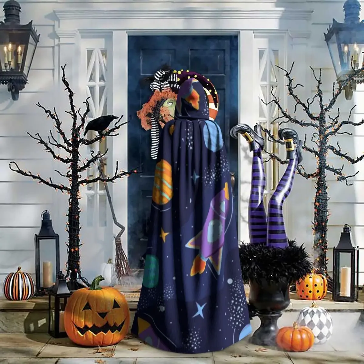 Colorful Galaxy Space WithPlanets Stars Hooded  Polyester Unisex Witch Cape Costume Accessory