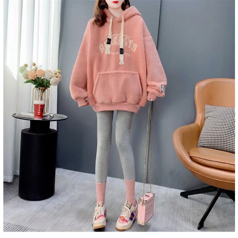 Autumn Winter Fleece Sweatshirt Women Hoodie Warm Long Sleeve Pullover Loose Streetwear Embroidery Korean Fashion New