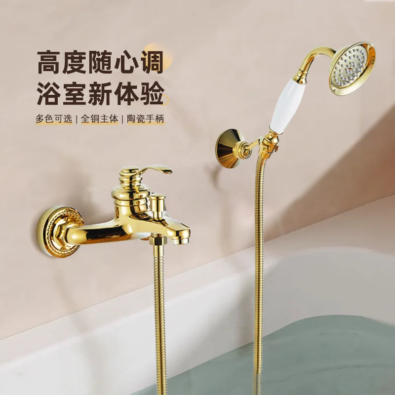

Латунный настенный простой смеситель для ванны из розового золота, набор для душа, белый керамический ручной распылитель, тройной смеситель для душа