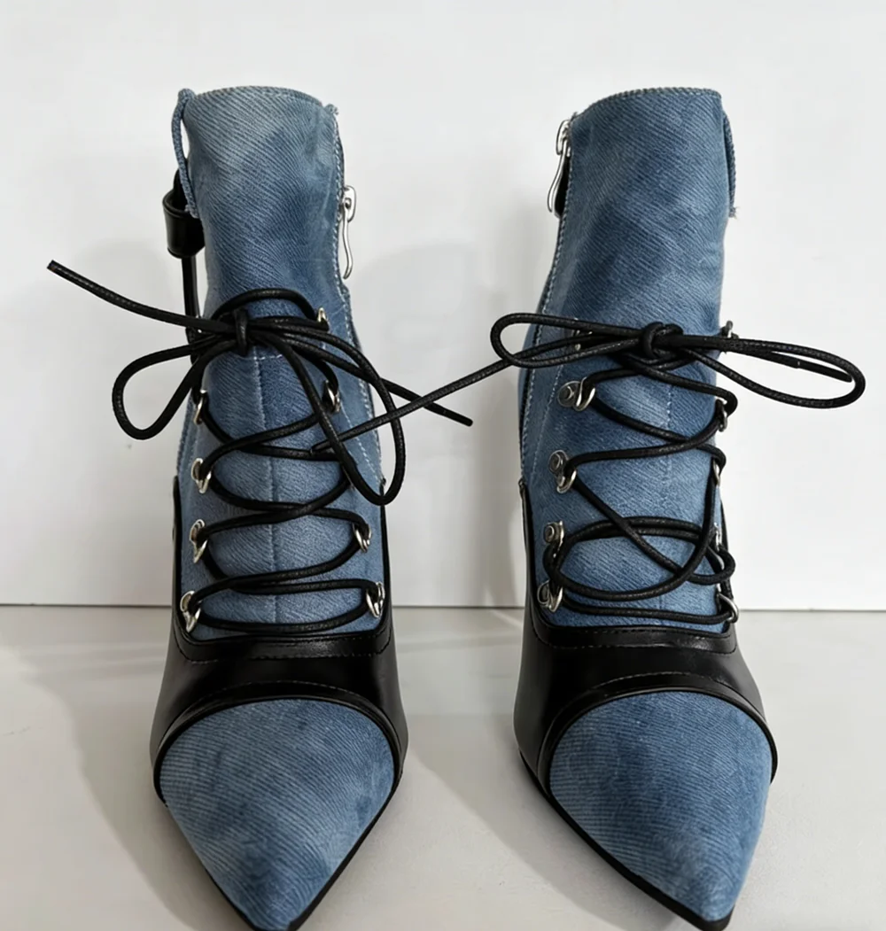 

Retro Punk Style Blue Denim Black Leather Pointed-Toe Ankle Boots Lace-Up Front Metal Buckle Strap Stiletto Heel Lady Boots