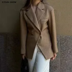 2024 CHIC Double Buttons BF Blazer Boyfriend Vintage Women Notched Cut out Front Hem Long Sleeve Suit Loose Female Coat Camel