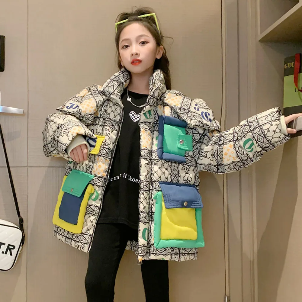 2024 Trend Fashion Children's Down Jacket Korean Style Printed Teenager Girl's Padded Coat Windproof Thick Warm Cotton Clothes