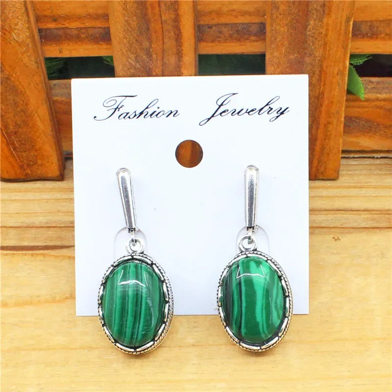 Flower Oval Malachite Dangle Earrings Vintage Look Antique Silver Plated Fashion Jewelry TE110