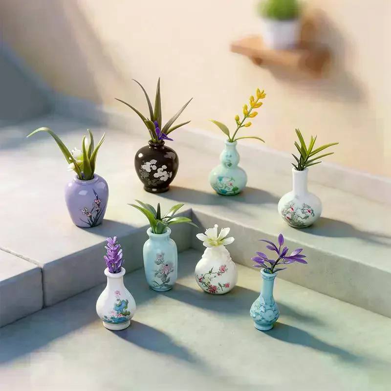 8Pcs Mini Resin Vase Imitation Porcelain Figurine Creative Micro Landscape Ornament for Home Desktop Decor
