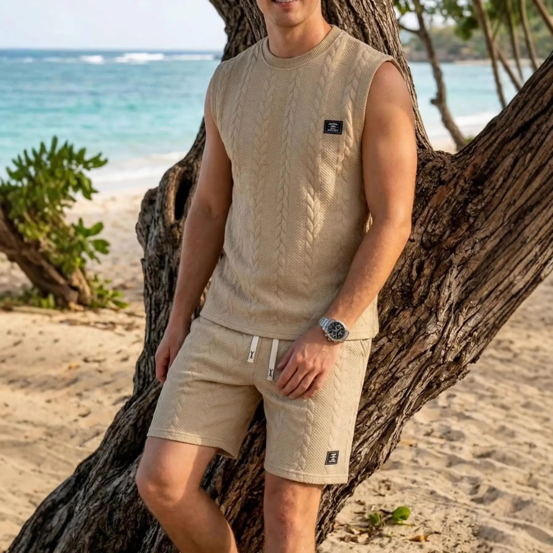 

New Men's Casual Knitted Patchwork Vest Shorts Sport Two-Piece Set Spring Season Sleeveless Top Short Length Bottoms