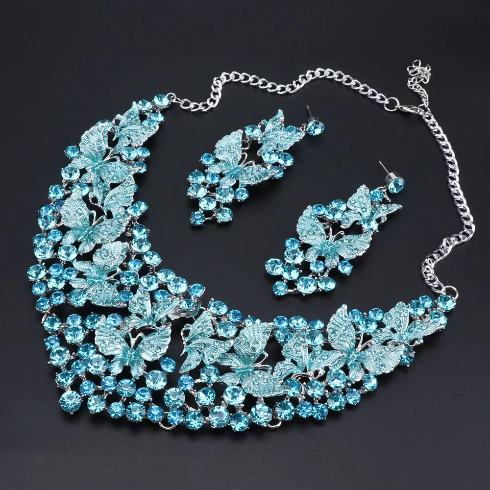 CYNTHIA Wedding Jewelry Blue Crystal Rhinestones Butterfly Necklace Earrings Set for Women African Bridal Jewelry sets