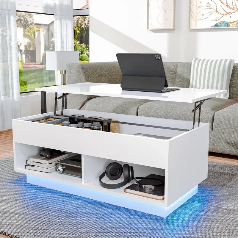 

LED Lift Top Coffee Table with Hidden Compartment High Gloss White Coffee Tables Center Rising Cocktail Table