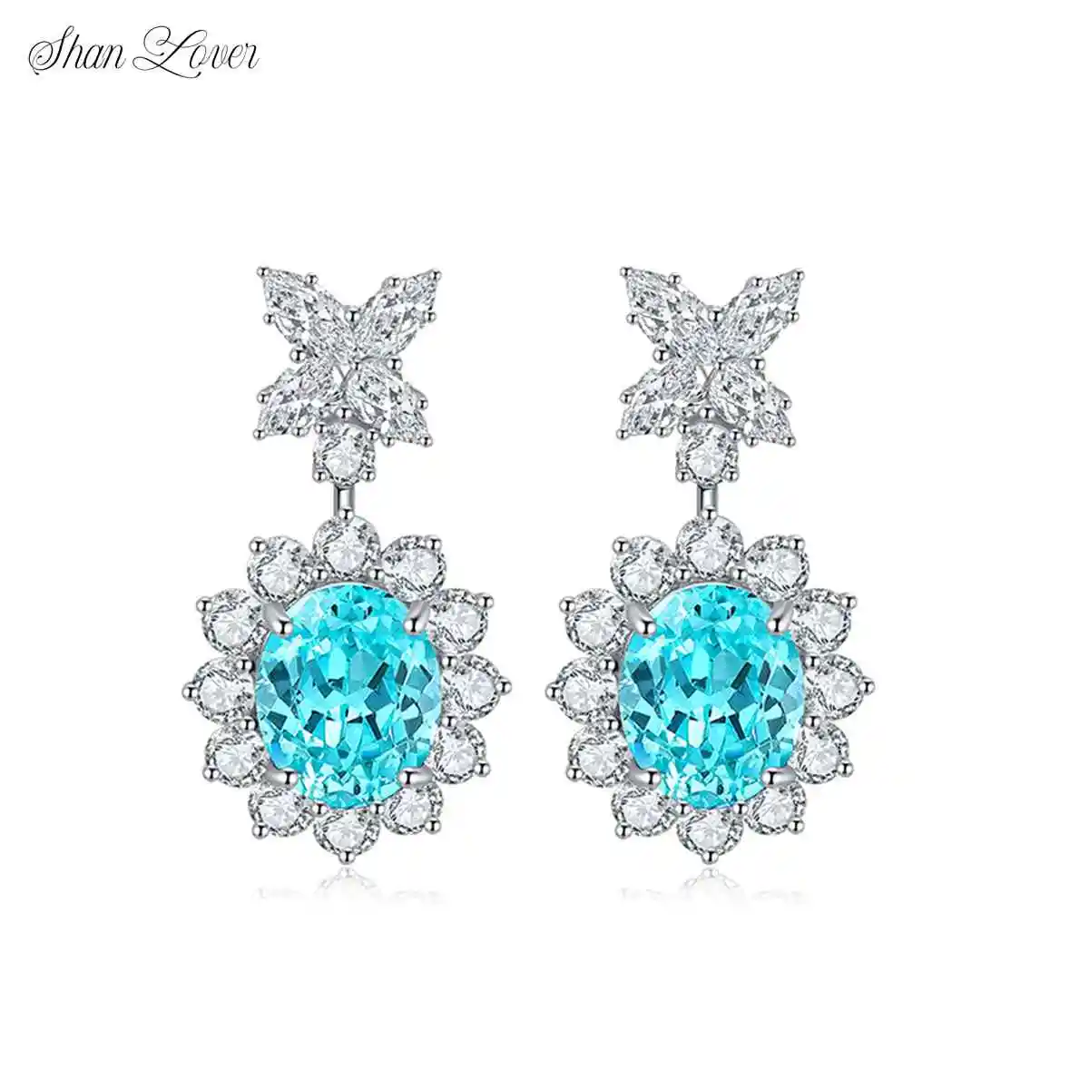 

ShanLover Brand Light Luxury Elegant Lab Grown Gemstones Earrings Light Blue Flower Design Pendant Earrings Party Jewelry