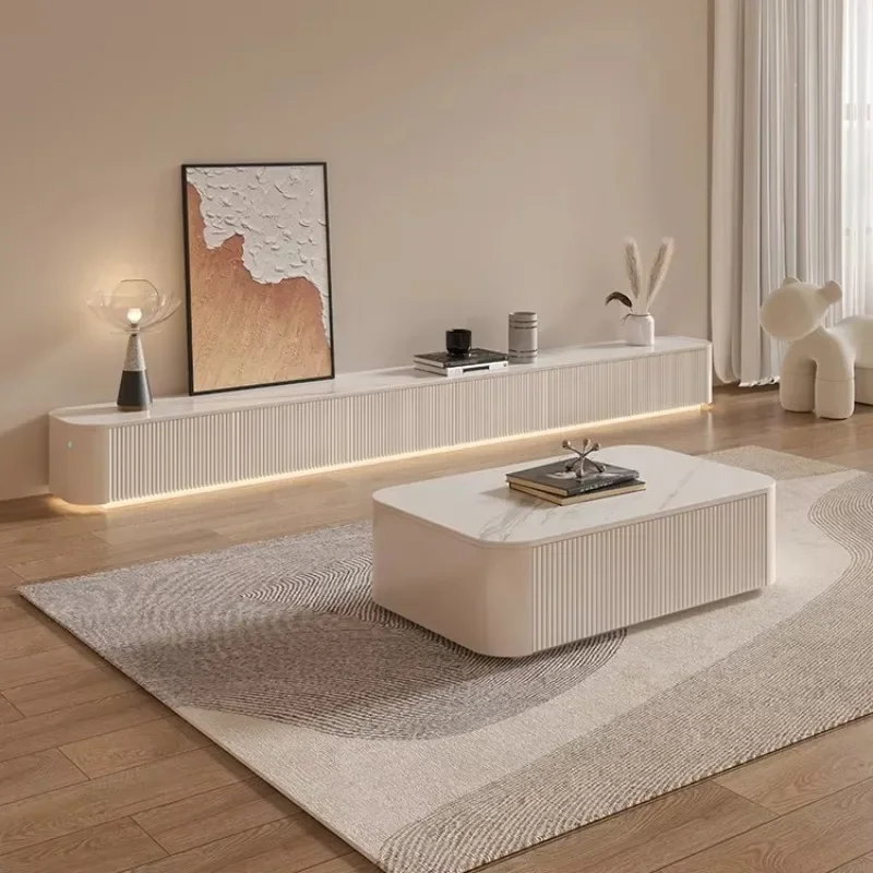 High-grade marble countertop wood TV cabinet TV cabinet with stove varnish and living room rounded corners