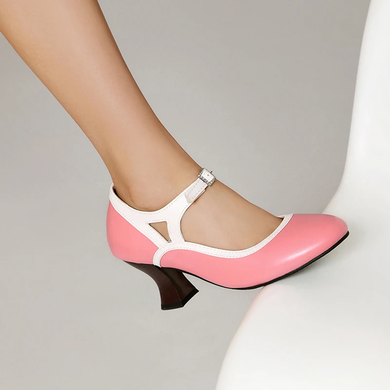 Plus Size Candy Colored High Heels Border Round Toe Shallow Wine Glass Shape Heel Buckle Sweet Women's Shoes