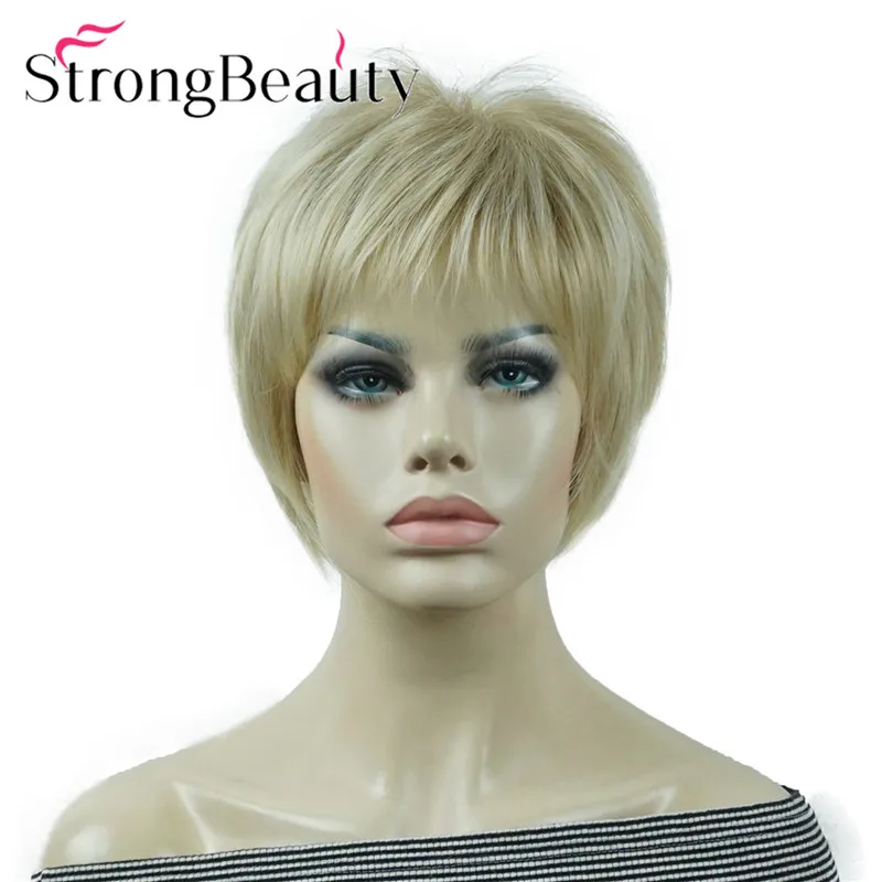 StrongBeauty Short Straight Synthetic Wigs Soft Hair Layered Shag Ombre Blonde Wig