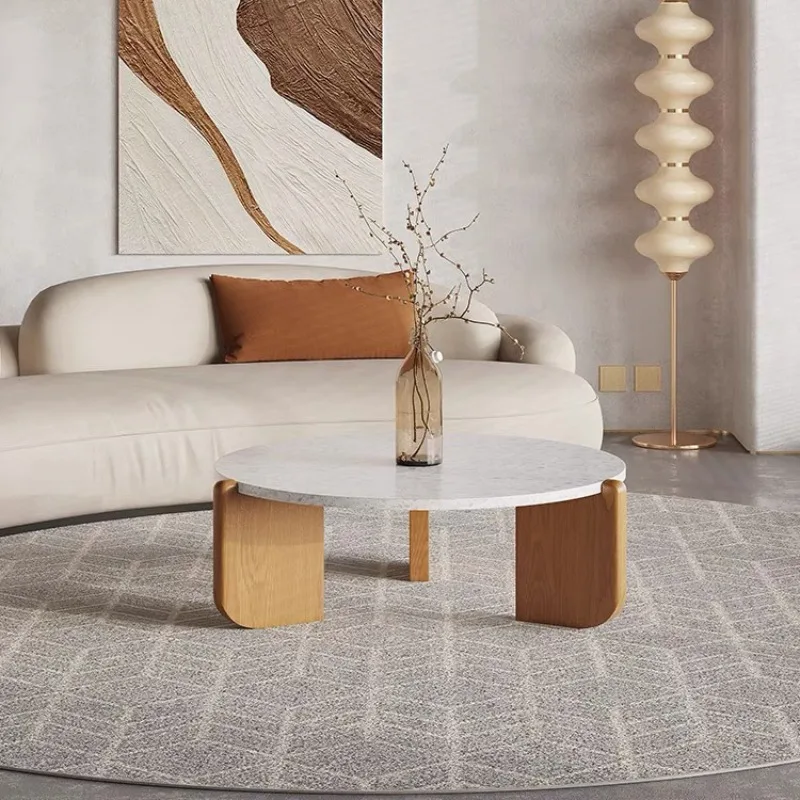 Modern simple small apartment living room solid wood round table, wabi sandy wind log terrazzo coffee table