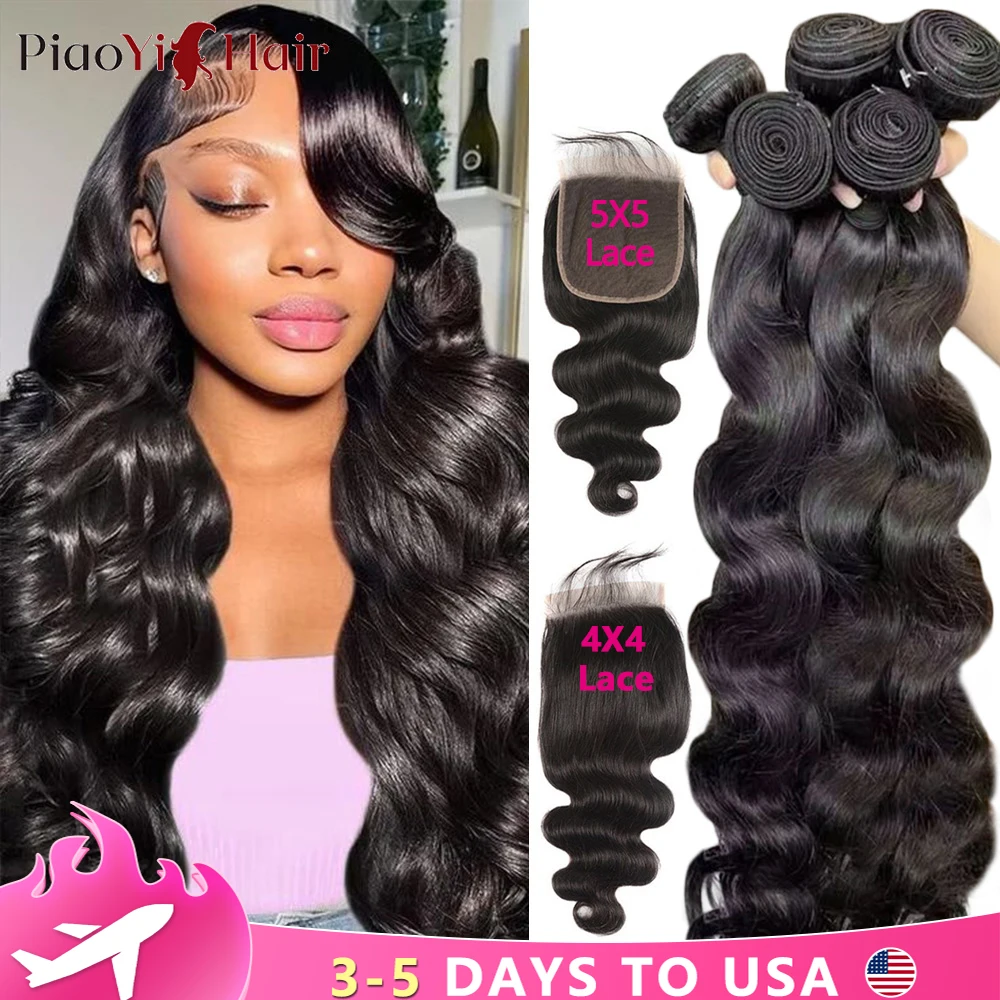 Body Wave Human Hair Bundles With Closure 4x4/5x5 Closure Transparent Lace Brazilian Human Hair Extensions 2X6 Middle Part Lace