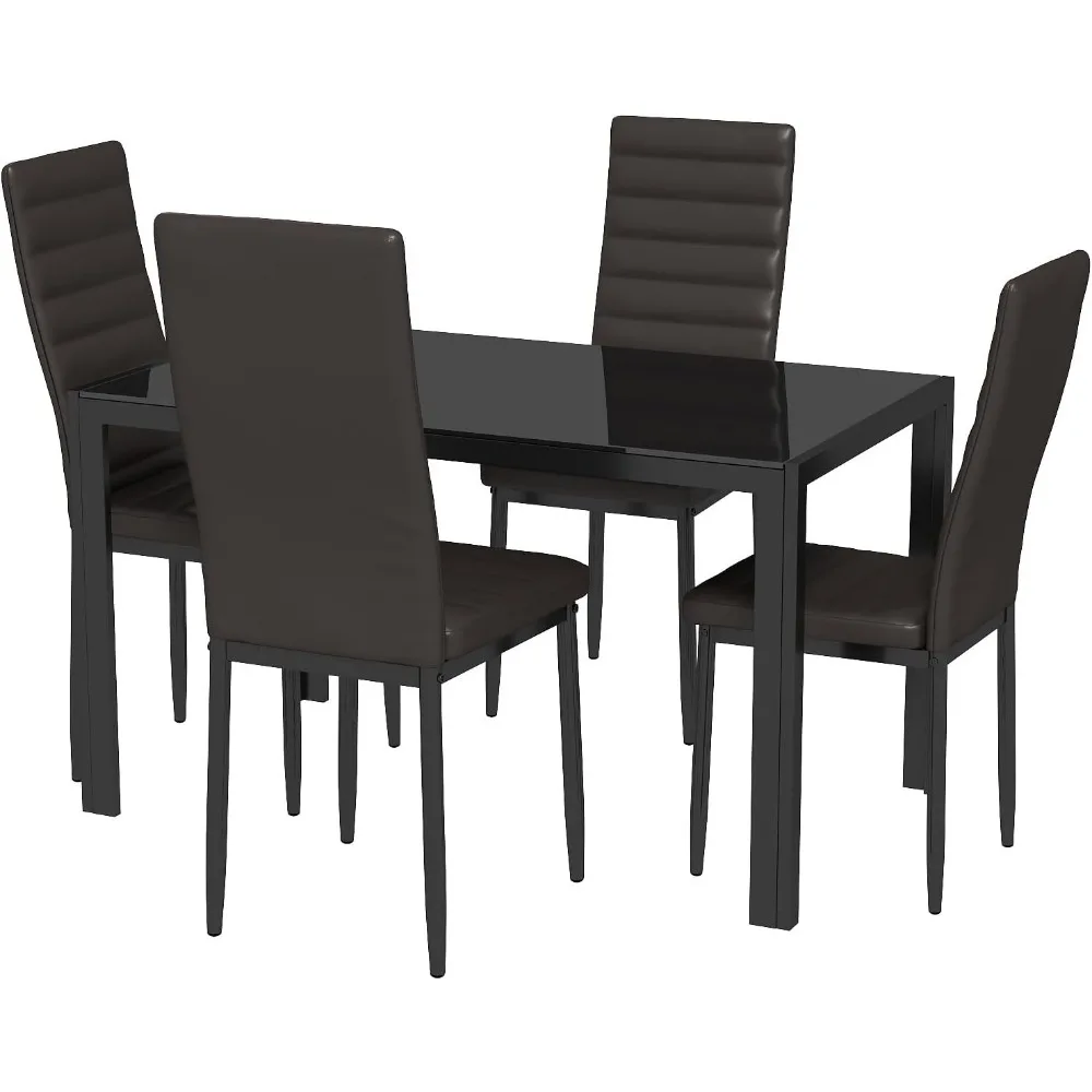 5 Piece Glass Dining Table Set, Kitchen and Chairs for 4, PU Leather Modern Room Sets for Home, Kitchen, Living Room image 4