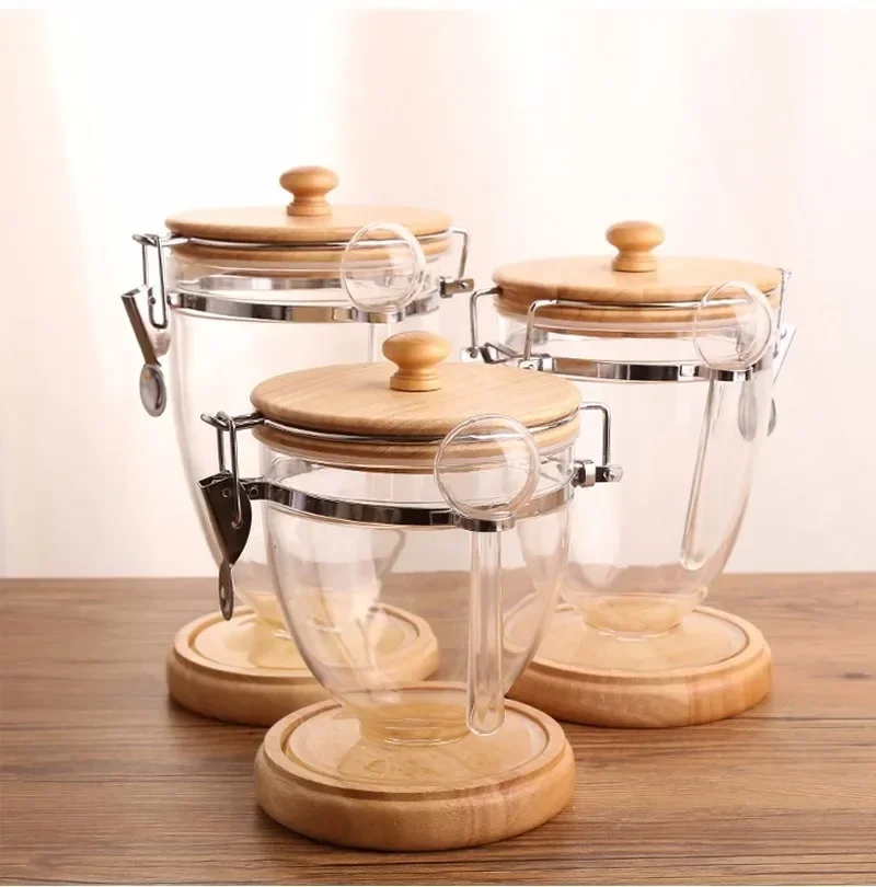 

Plastic Sealed Can Wooden Base Cover White Transparent Storage Tank Coffee Bean Storage Box with Spoon Home Decoration