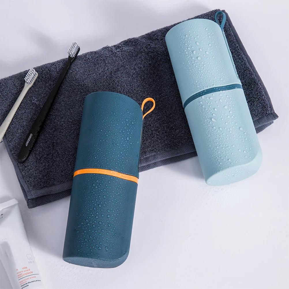 حقيبة تخزين فرشاة الأسنان المحمولة للسفر لفرشاة معجون الأسنان، كوب غسيل مدمج، بار المطبخ باللون الأزرق الداكن