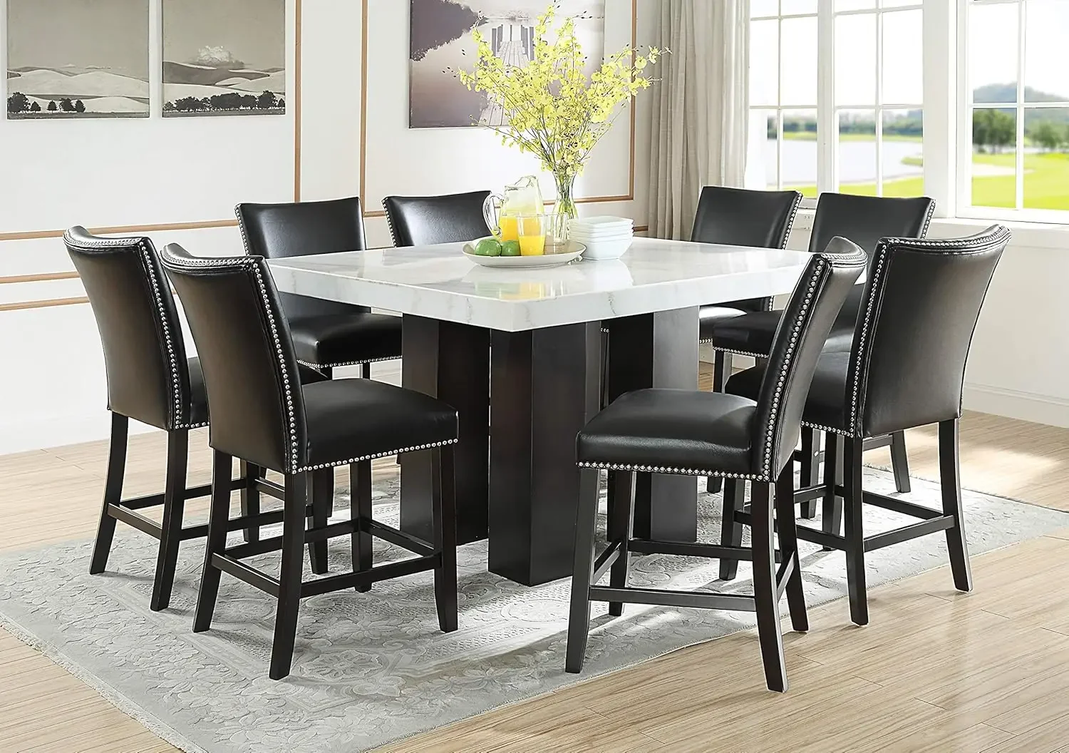 9-Piece Modern Square Marble Top Counter Height Dining Set with 4 Wide Espresso Legs, Vinyl Upholstered Chairs