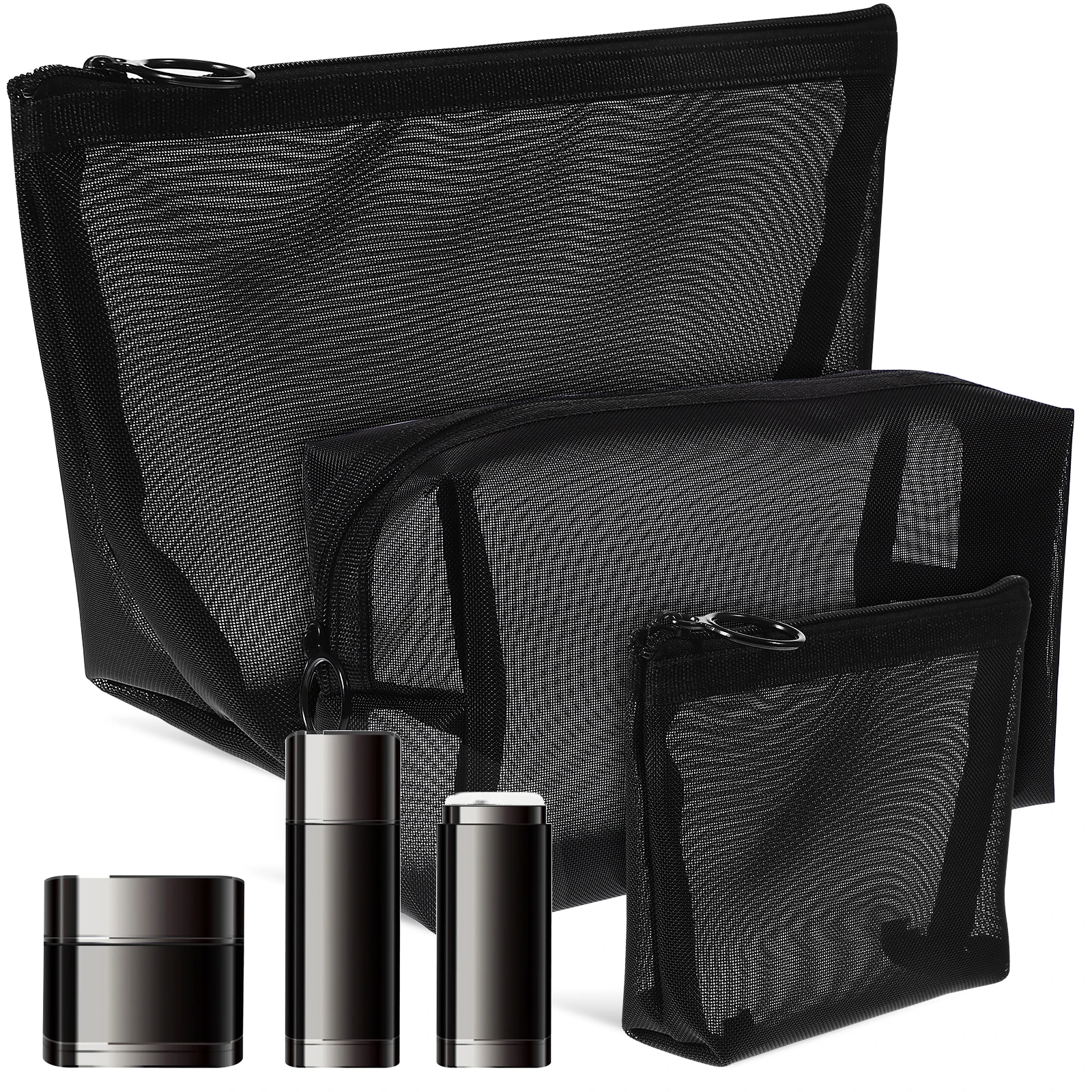 

3 Pcs Black Mesh Bags Clear Zipper Travel Toiletry Pouches Large Capacity Storage Solutions Multi Functional