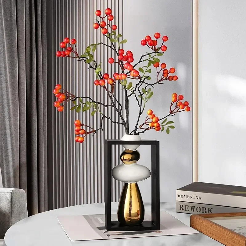New Ceramic Vase Geometric Frame Golden Rockery Stone Stack Flower Vase Floral Arrangement Home Decoration Accessories