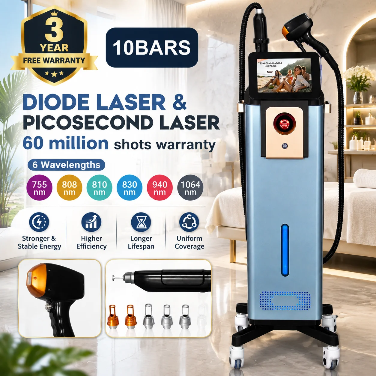 Diode Laser Hair Removal 4 Wavelengths  Pico Tattoo Removal Machine  755nm  FAC Collimation Ice Cooling System Foldable Touch