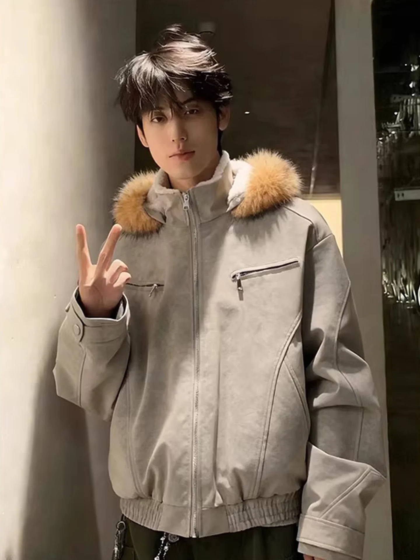 

Marble Pattern PU Leather Flight Jaet Men's Winter Thiened Removable Fur Collar Cotton Coat Loose Fit Polyester Fiber