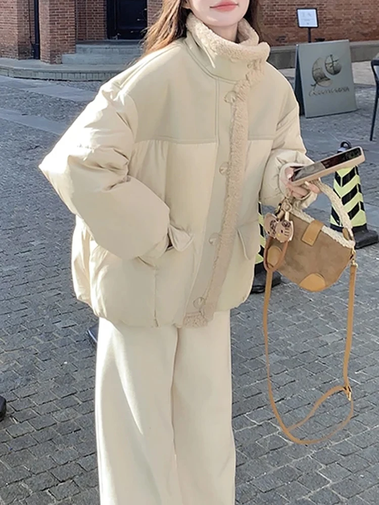 

Lamb Fur Trimmed down Jaet Women's ort Sle Thiened Bread Coat Korean Version Stand Collar Long Sve Cotton Padded