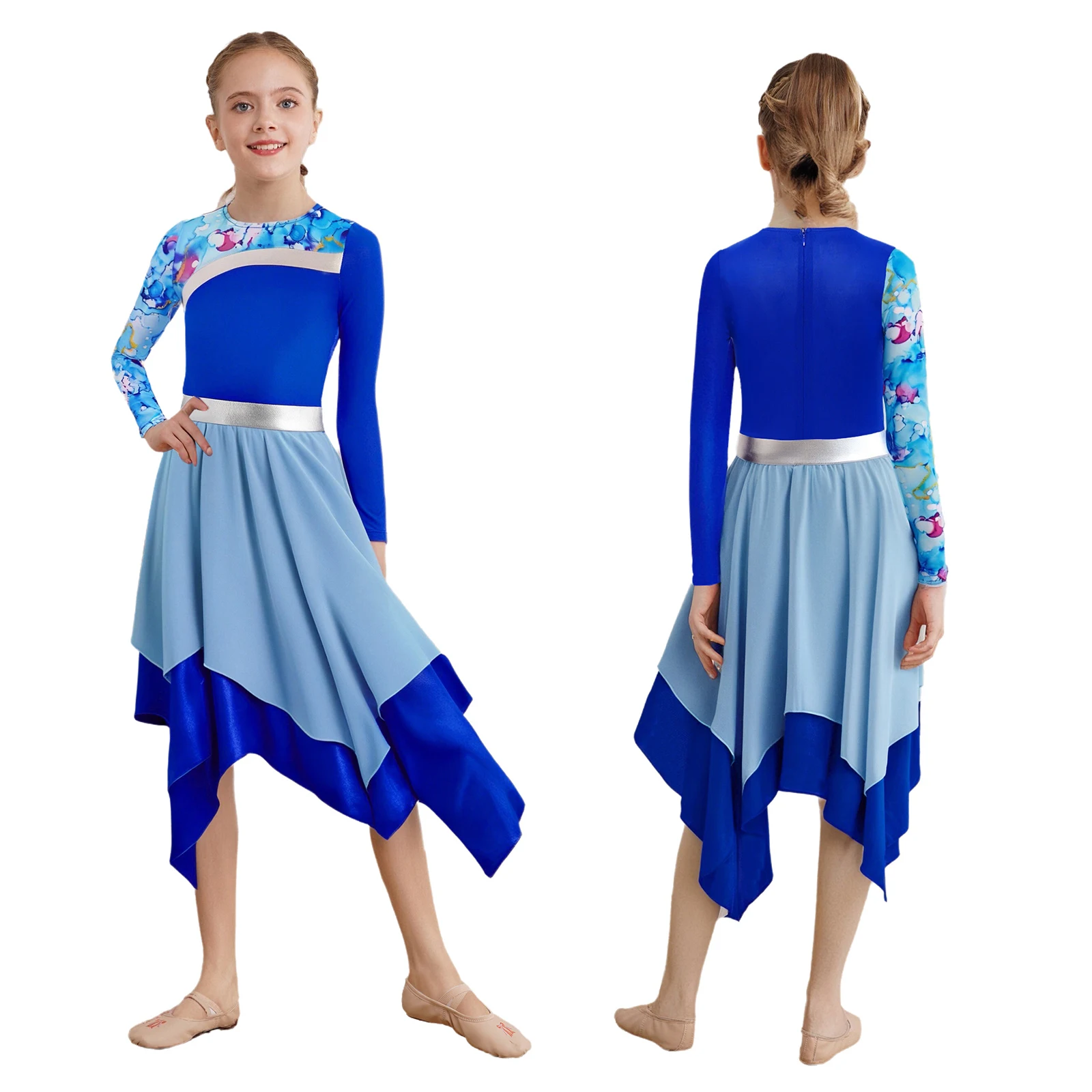 

Kids Girls Contemporary Praise Dance Dress Long Sleeve Irregular Hem Worship Dress Liturgical Lyrical Dance Performance Costumes